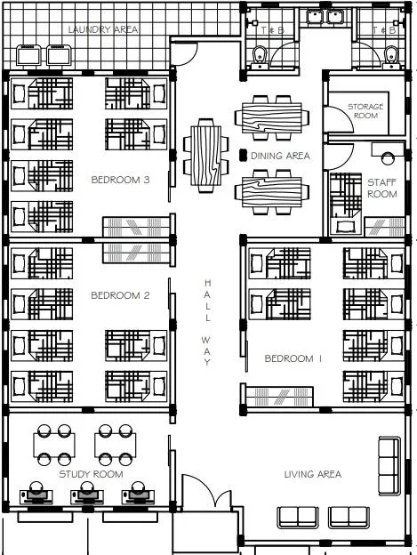 Floor plan of the new dormitory: three bedrooms, study room, living and dining areas, laundry, and staff room